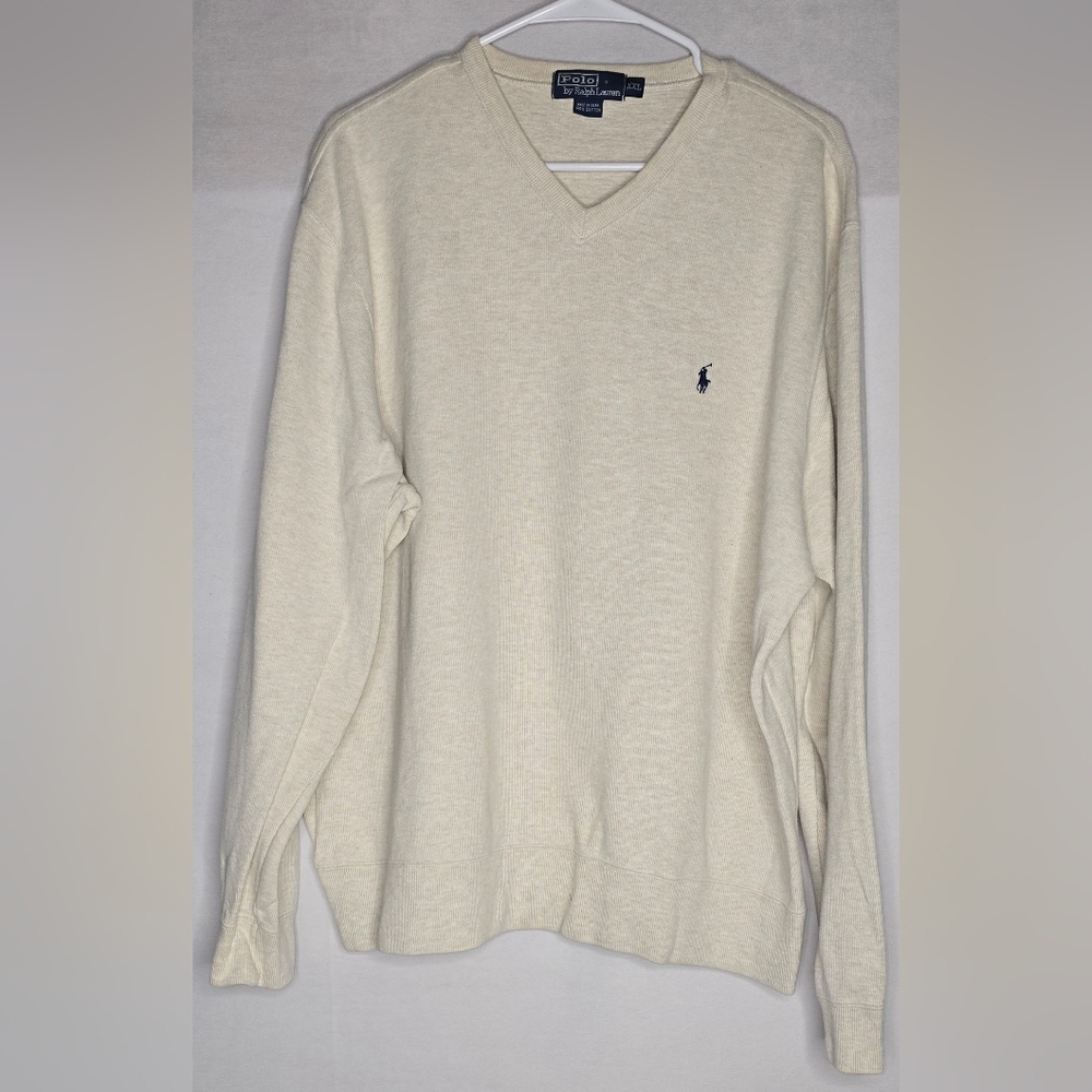 Polo Ralph Lauren Men V-Neck 100% Cotton Sweater Beige Cream XXL Stretch Casual